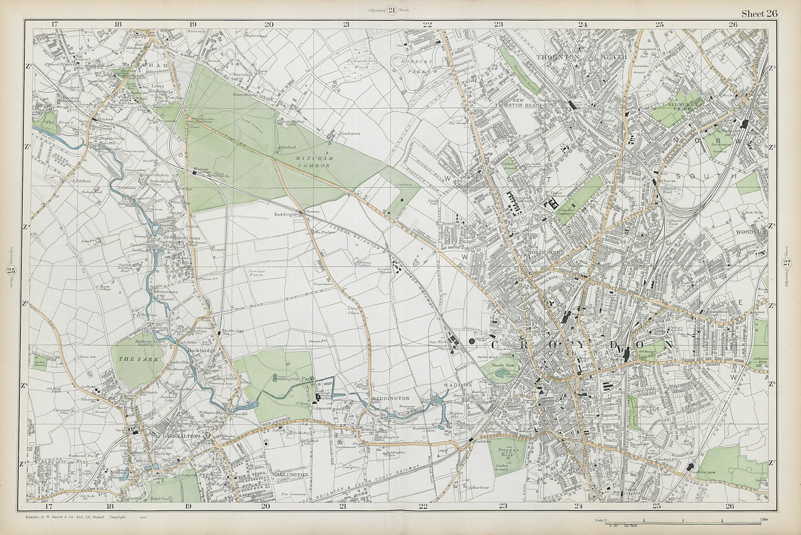 CROYDON Mitcham Carshalton Wallington Thornton Heath Beddington. BACON  1906 map